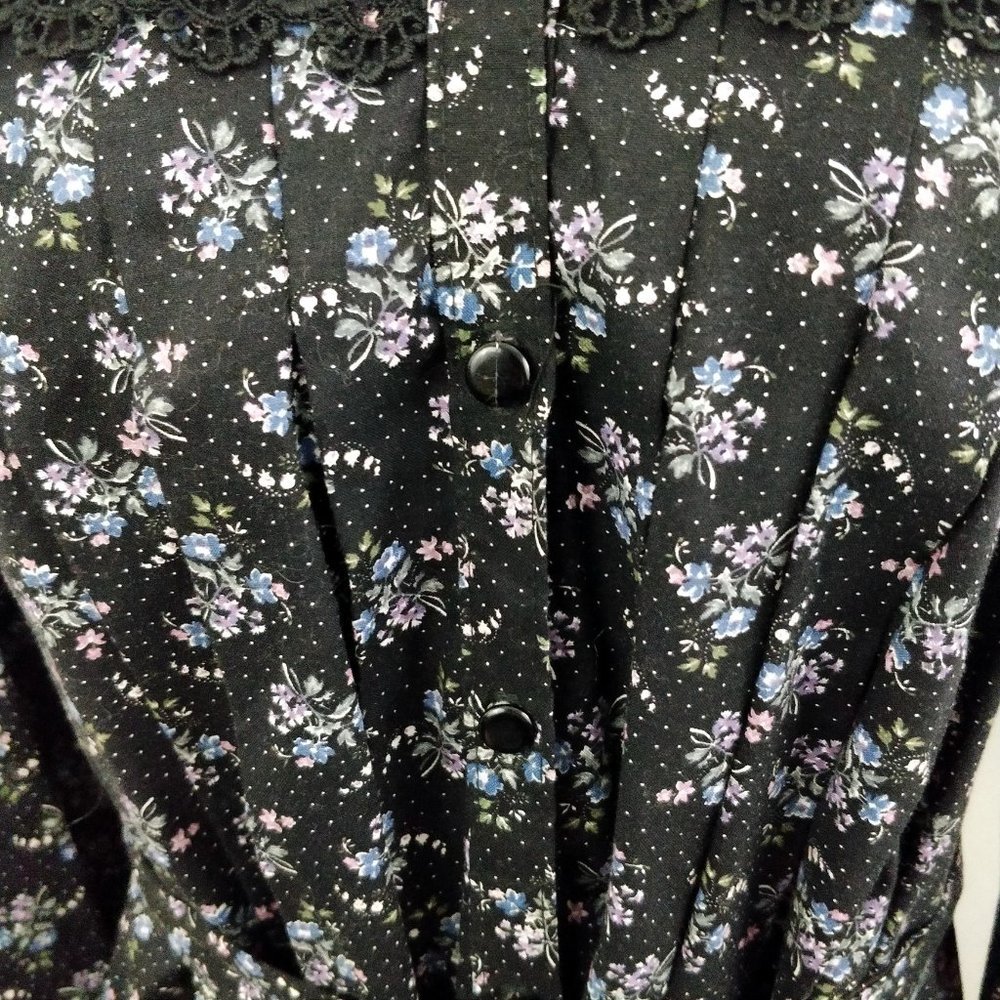 Gunne Sax Black Calico Floral Velvet Button Dress Gunnie RARE Dark moody - Picture 8 of 16